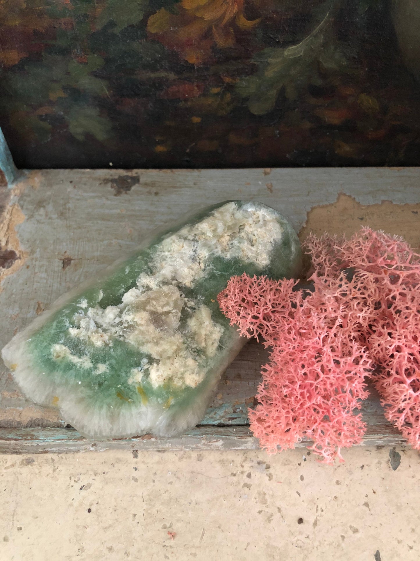 Green Fluorite cluster natural and cut pastel