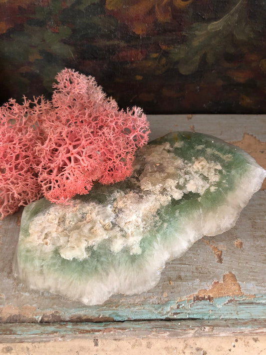 Green Fluorite cluster natural and cut pastel