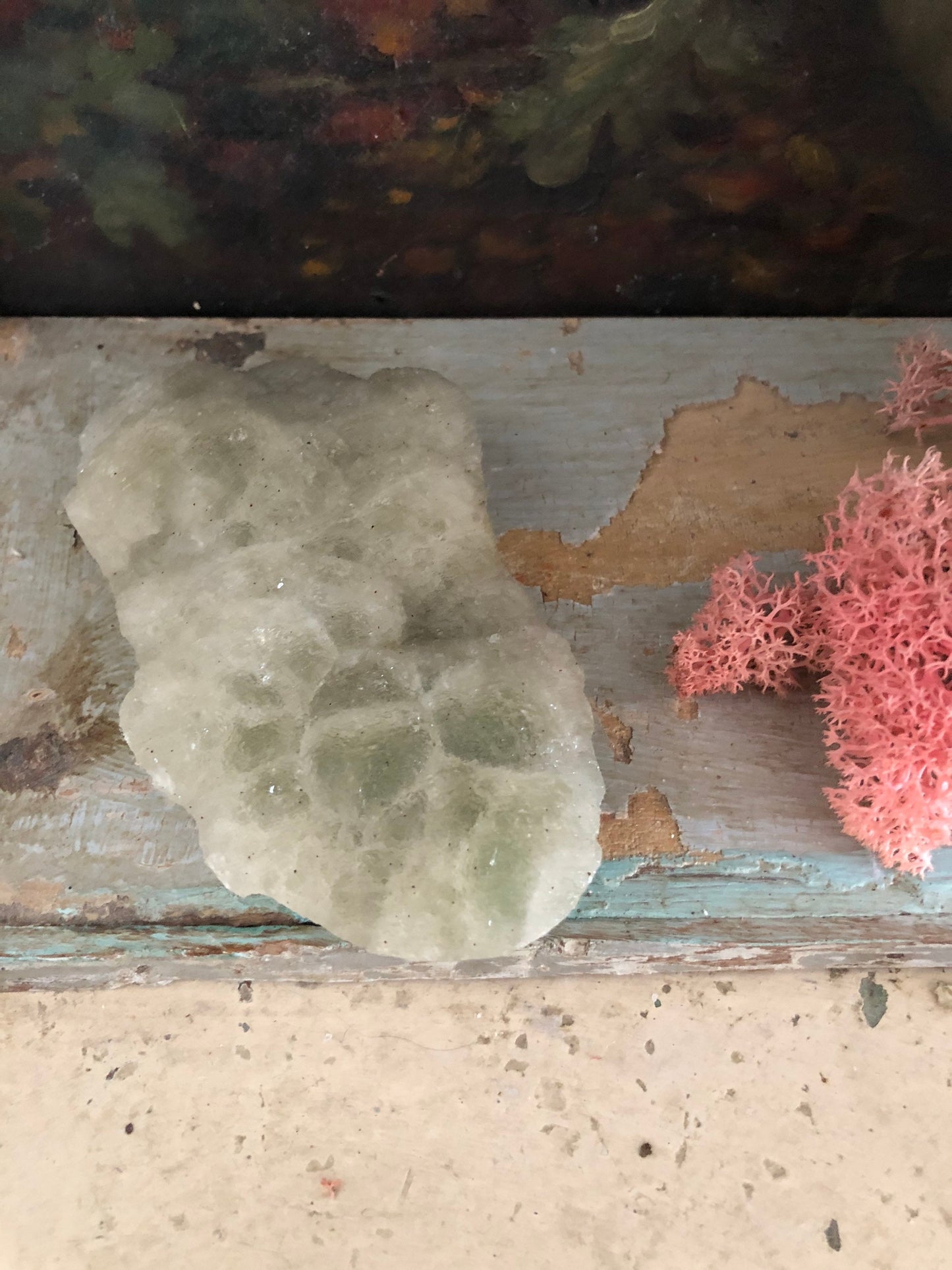 Green Fluorite cluster natural and cut pastel