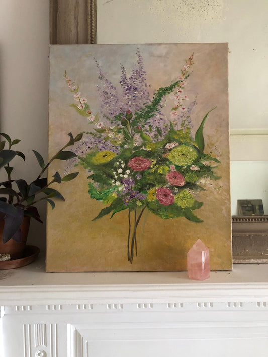 Vintage floral art canvas still life bouquet of flowers unframed.