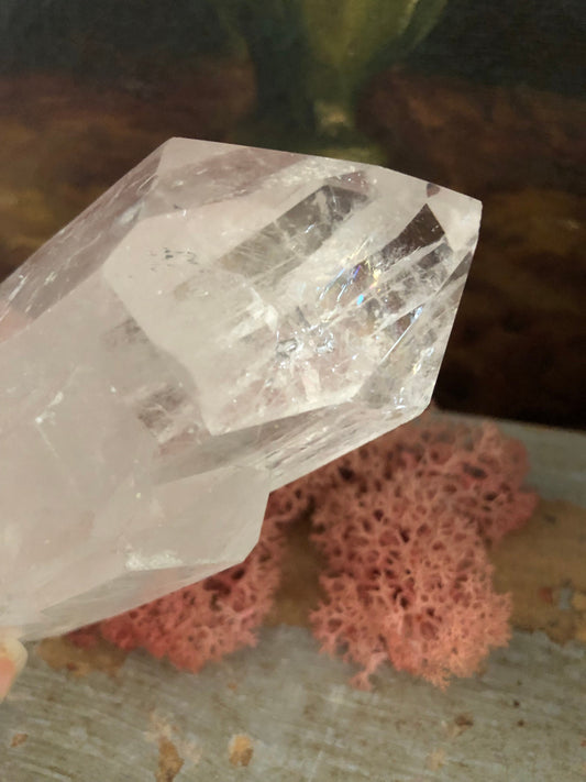 Quartz point with 7 smaller points (dolphin) rainbows.