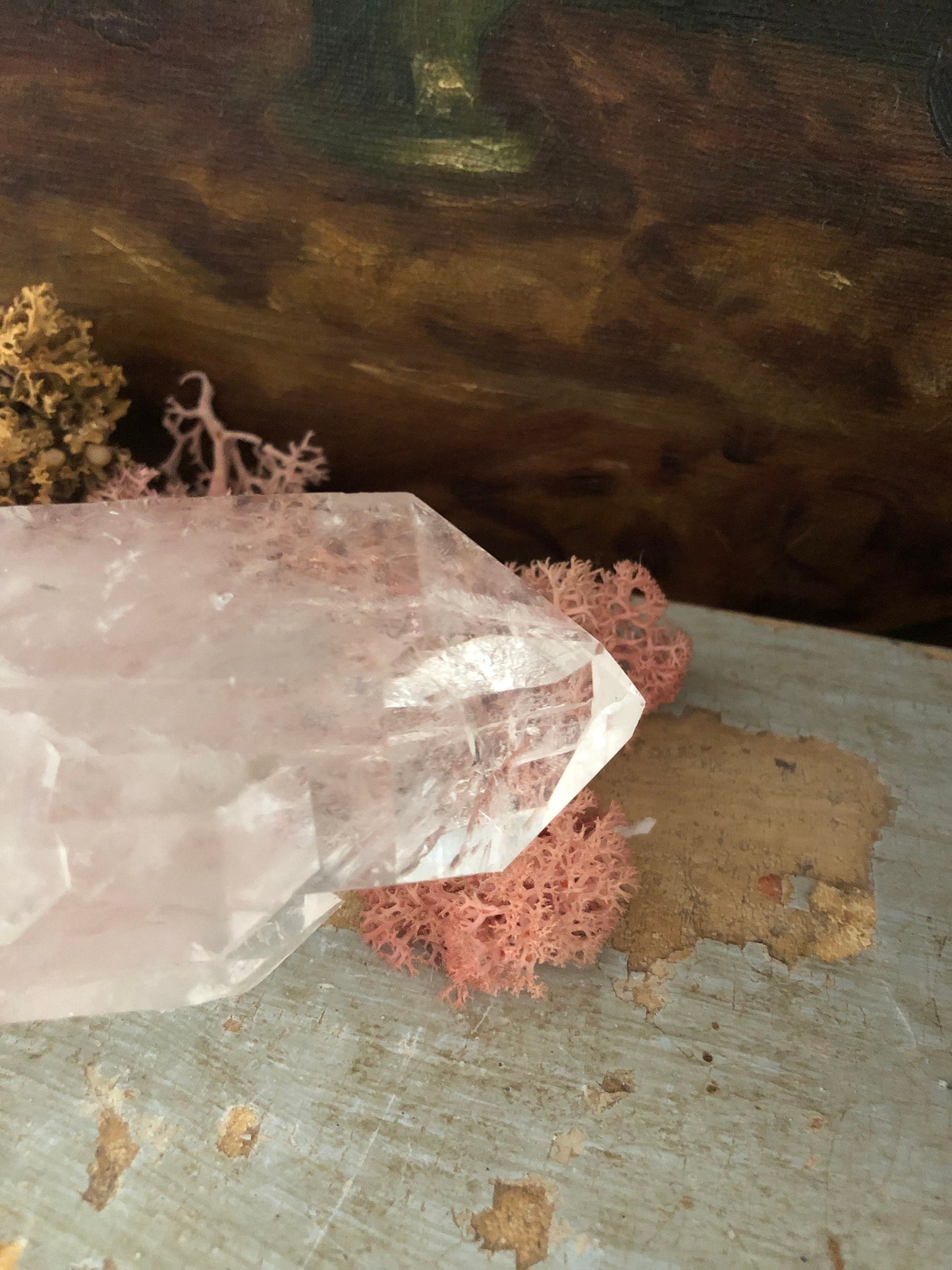 Quartz point with 7 smaller points (dolphin) rainbows.