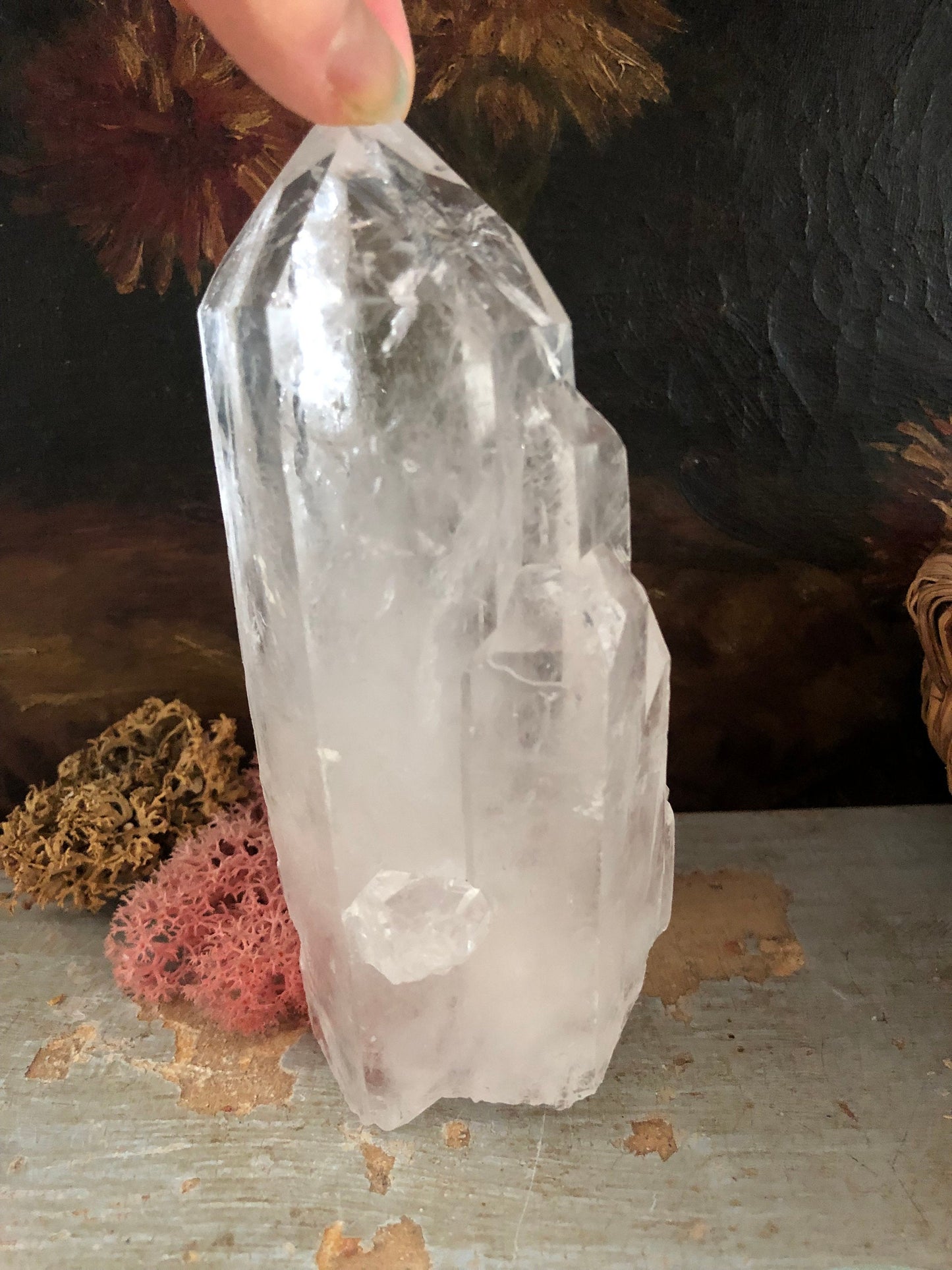 Quartz point with 7 smaller points (dolphin) rainbows.